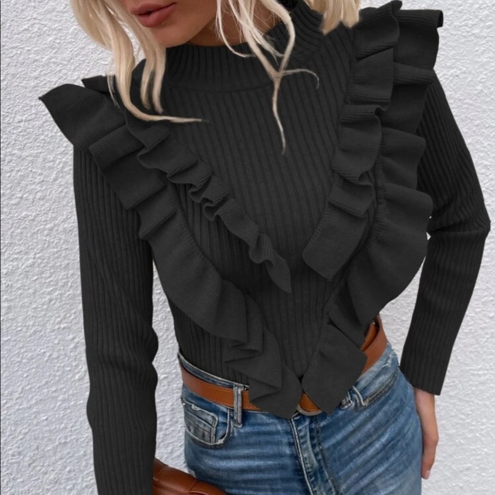 Boho black ribbed knit ruffles sweater top